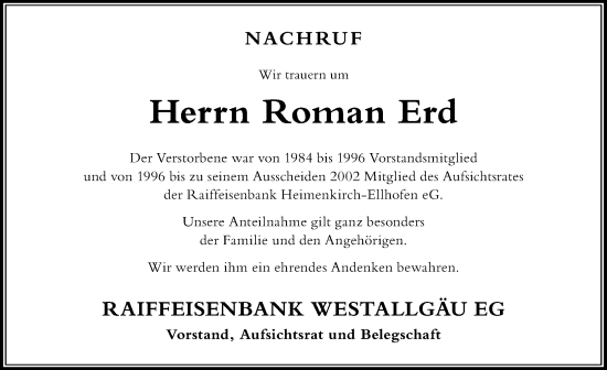 Traueranzeige von Roman Erd von Der Westallgäuer