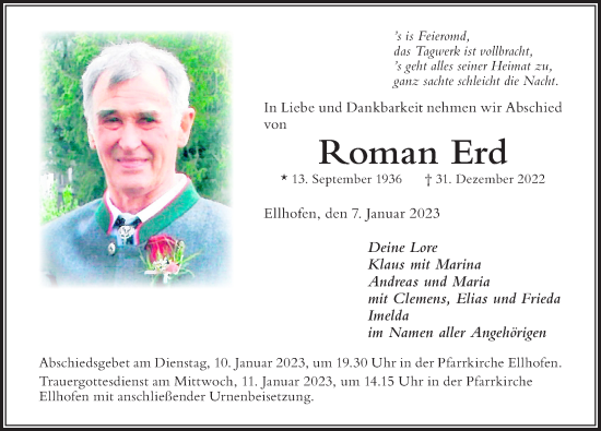 Traueranzeige von Roman Erd von Der Westallgäuer
