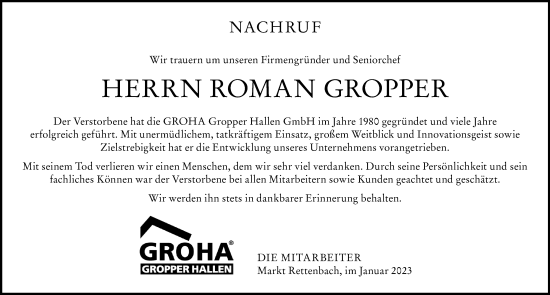 Traueranzeige von Roman Gropper von Memminger Zeitung