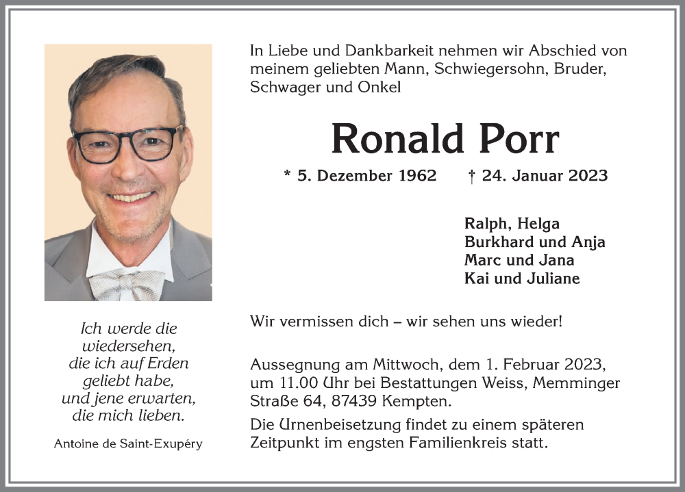  Traueranzeige für Ronald Porr vom 28.01.2023 aus Allgäuer Zeitung,Kempten