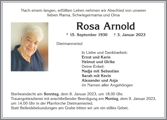 Traueranzeige von Rosa Arnold von Allgäuer Zeitung,Kempten