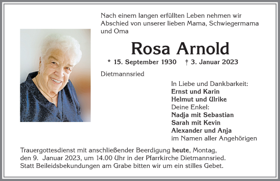 Traueranzeige von Rosa Arnold von Allgäuer Zeitung, Marktoberdorf