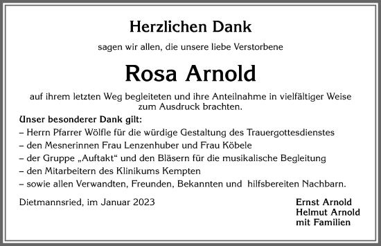 Traueranzeige von Rosa Arnold von Allgäuer Zeitung,Kempten