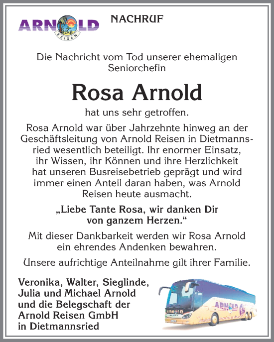 Traueranzeige von Rosa Arnold von Allgäuer Zeitung,Kempten