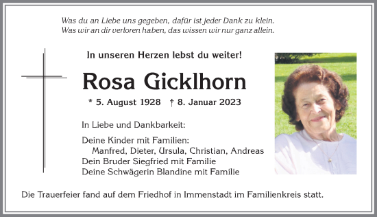 Traueranzeige von Rosa Gicklhorn von Allgäuer Anzeigeblatt