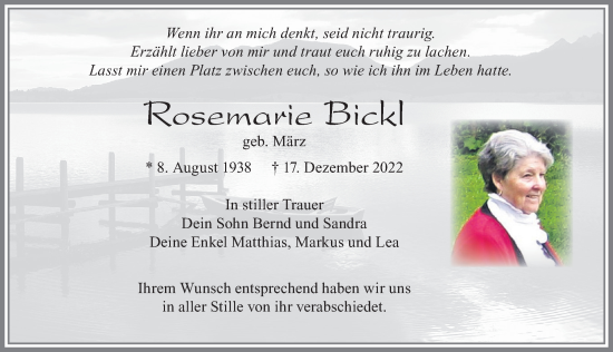 Traueranzeige von Rosemarie Bickl von Allgäuer Zeitung, Füssen