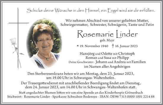 Traueranzeigen von Rosemarie Linder | Allgäuer Zeitung