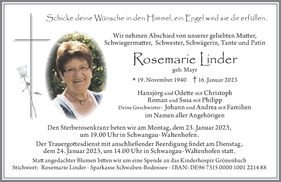 Traueranzeige von Rosemarie Linder von Allgäuer Zeitung, Füssen