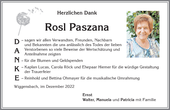 Traueranzeige von Rosl Paszana von Allgäuer Zeitung,Kempten