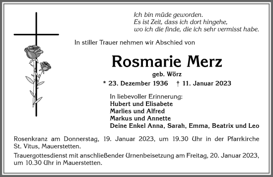Traueranzeige von Rosmarie Merz von Allgäuer Zeitung,Kempten