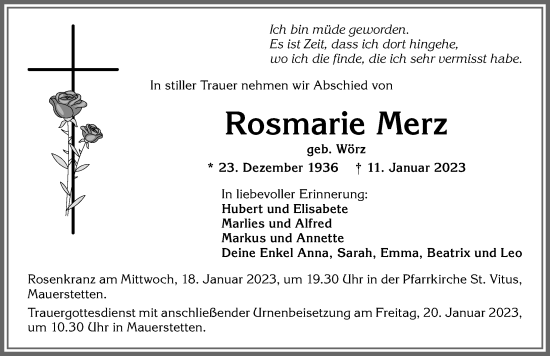 Traueranzeige von Rosmarie Merz von Allgäuer Zeitung, Kaufbeuren/Buchloe
