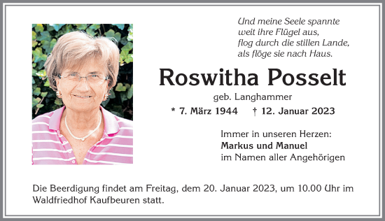 Traueranzeige von Roswitha Posselt von Allgäuer Zeitung, Kaufbeuren/Buchloe