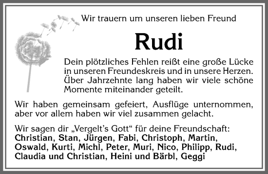 Traueranzeige von Rudi  von Allgäuer Zeitung, Marktoberdorf