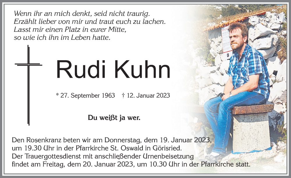  Traueranzeige für Rudi Kuhn vom 17.01.2023 aus Allgäuer Zeitung, Marktoberdorf