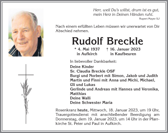 Traueranzeige von Rudolf Breckle von Allgäuer Zeitung, Kaufbeuren/Buchloe