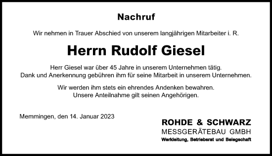 Traueranzeige von Rudolf Giesel von Memminger Zeitung