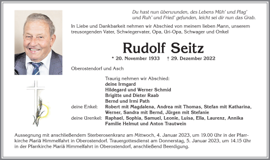 Traueranzeige von Rudolf Seitz von Allgäuer Zeitung, Kaufbeuren/Buchloe