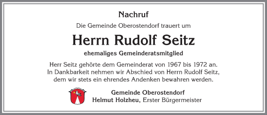 Traueranzeige von Rudolf Seitz von Allgäuer Zeitung, Kaufbeuren/Buchloe