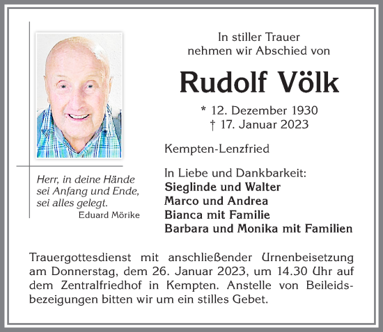 Traueranzeige von Rudolf Völk von Allgäuer Zeitung,Kempten