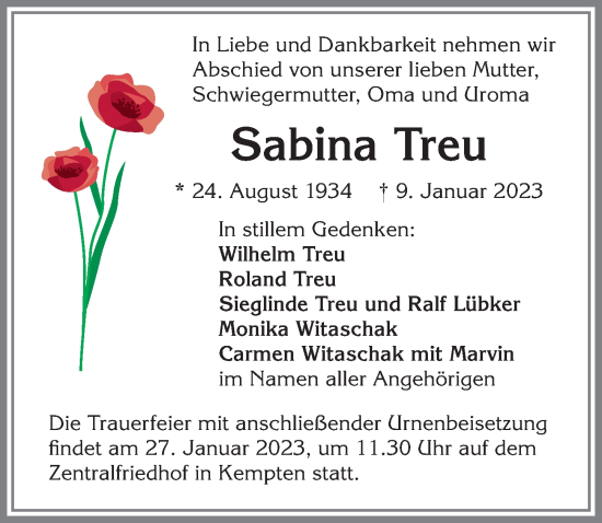 Traueranzeige von Sabina Treu von Allgäuer Zeitung,Kempten