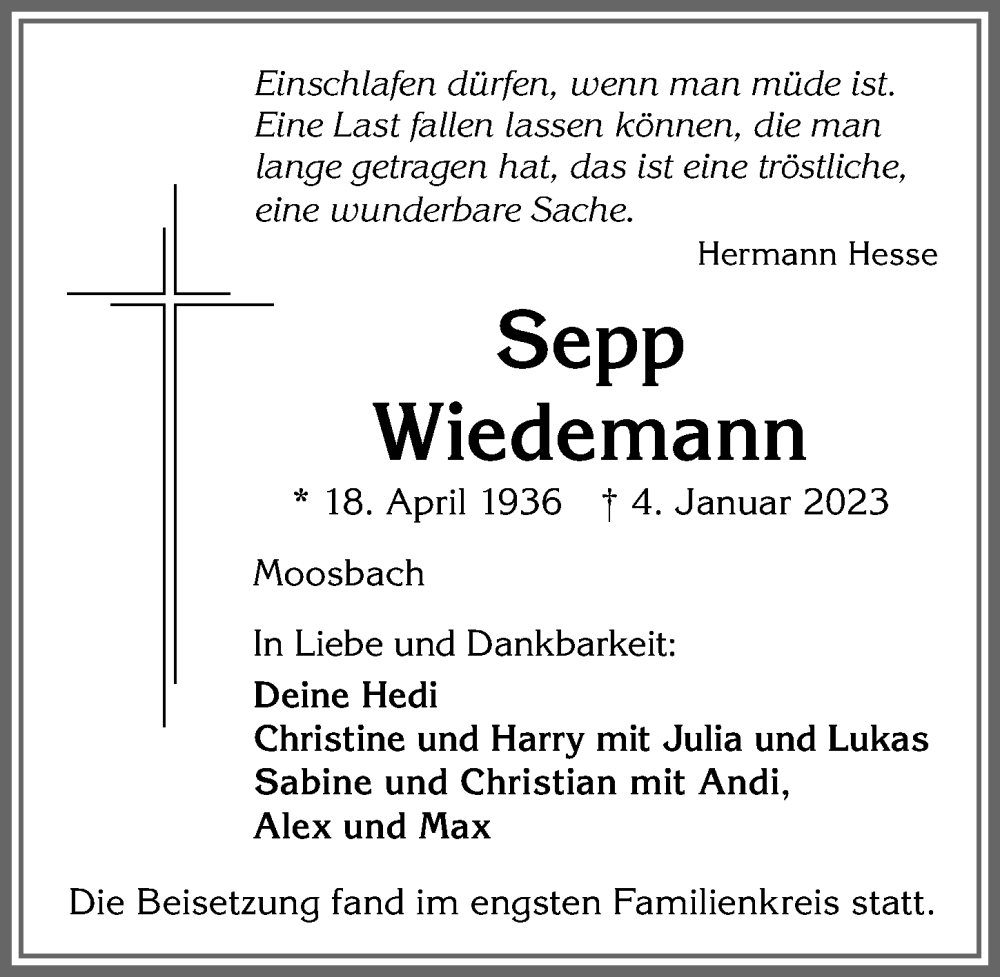  Traueranzeige für Sepp Wiedemann vom 21.01.2023 aus Allgäuer Zeitung,Kempten