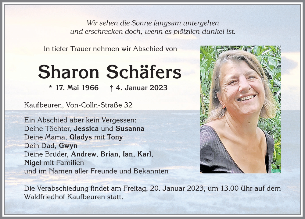  Traueranzeige für Sharon Schäfers vom 18.01.2023 aus Allgäuer Zeitung, Kaufbeuren/Buchloe
