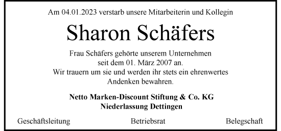 Traueranzeige von Sharon Schäfers von Allgäuer Zeitung, Kaufbeuren/Buchloe