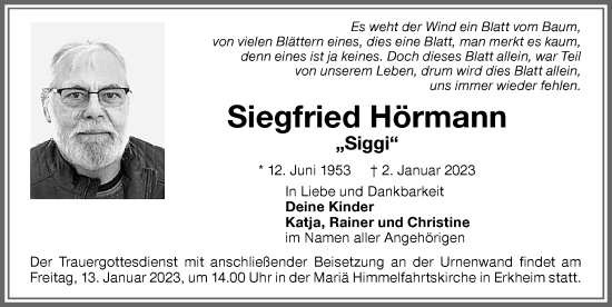 Traueranzeige von Siegfried Hörmann von Memminger Zeitung