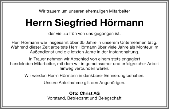Traueranzeige von Siegfried Hörmann von Memminger Zeitung