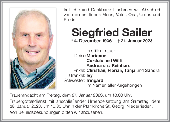 Traueranzeige von Siegfried Sailer von Memminger Zeitung