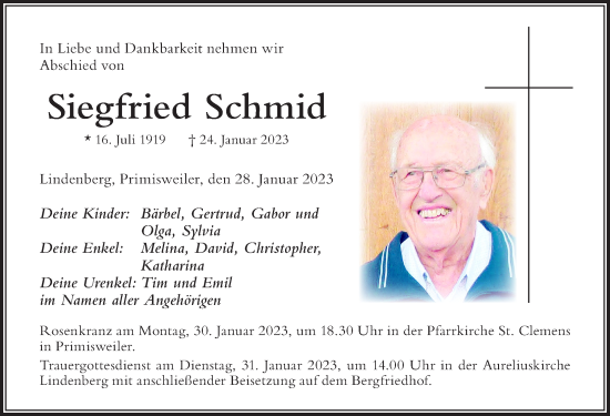Traueranzeige von Siegfried Schmid von Der Westallgäuer