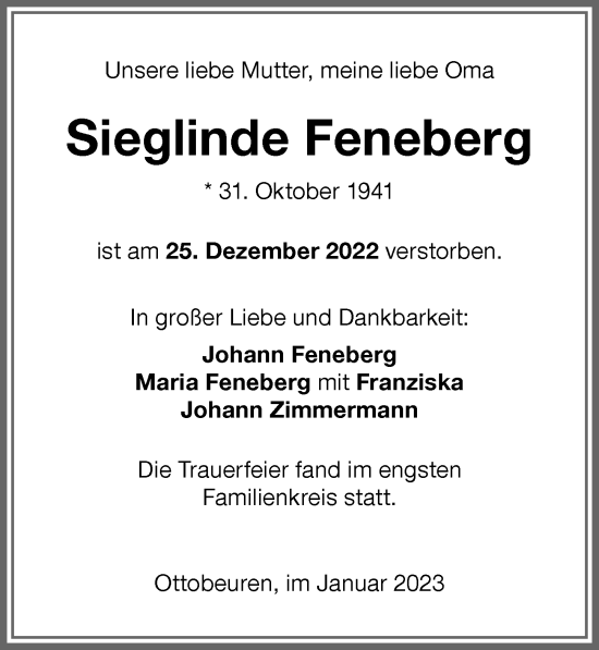 Traueranzeige von Sieglinde Feneberg von Memminger Zeitung