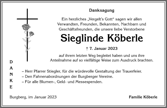 Traueranzeige von Sieglinde Köberle von Allgäuer Anzeigeblatt