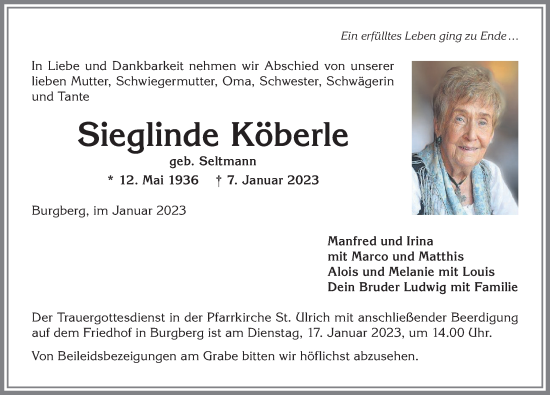 Traueranzeige von Sieglinde Köberle von Allgäuer Anzeigeblatt