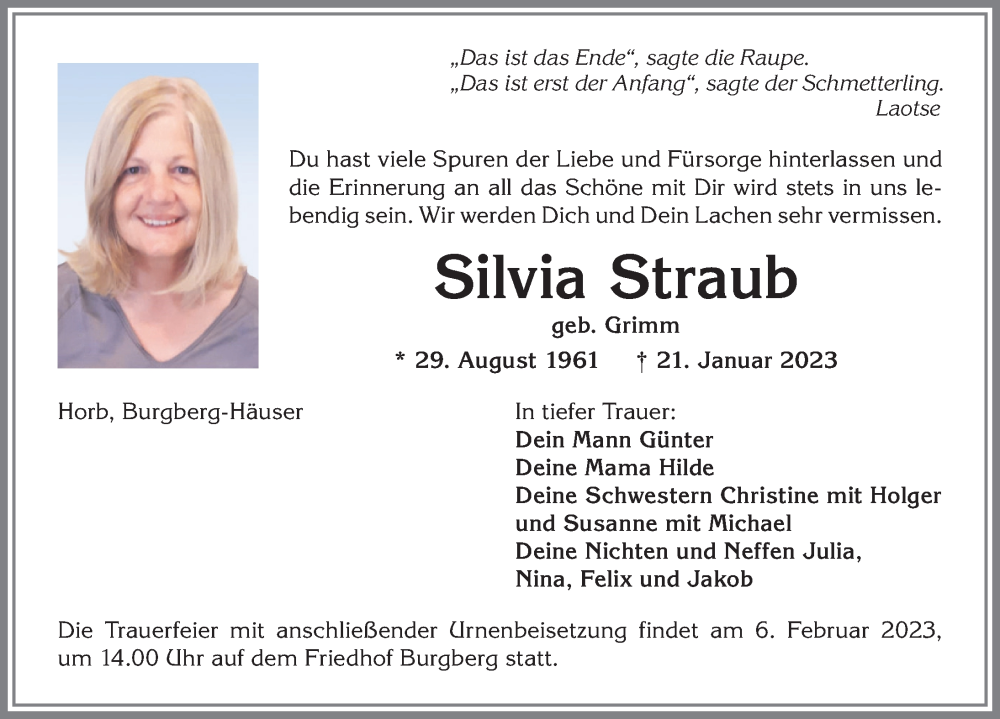  Traueranzeige für Silvia Straub vom 28.01.2023 aus Allgäuer Anzeigeblatt