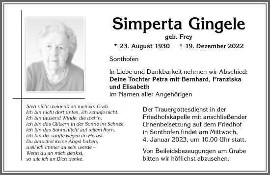 Traueranzeige von Simperta Gingele von Allgäuer Anzeigeblatt