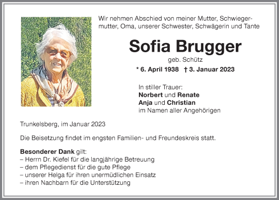Traueranzeige von Sofia Brugger von Memminger Zeitung