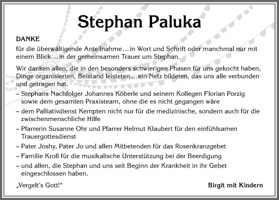 Traueranzeige von Stephan Paluka von Allgäuer Anzeigeblatt