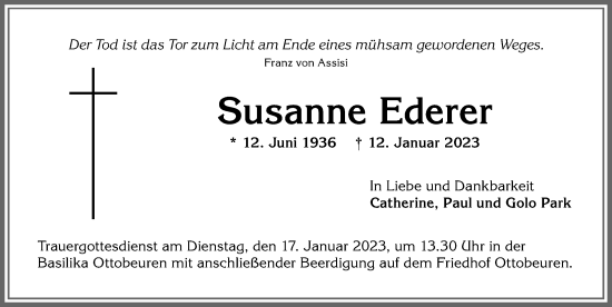 Traueranzeige von Susanne Ederer von Memminger Zeitung