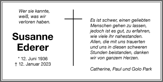 Traueranzeige von Susanne Ederer von Memminger Zeitung