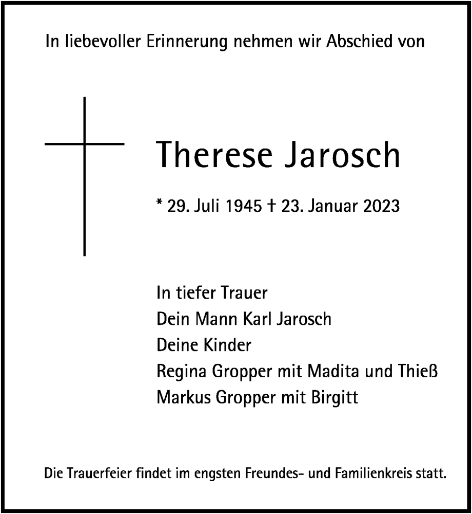  Traueranzeige für Therese Jarosch vom 26.01.2023 aus Memminger Zeitung