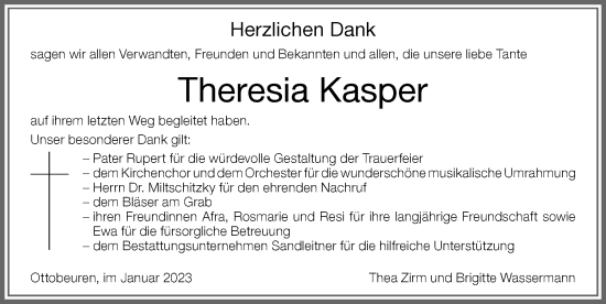 Traueranzeige von Theresia Kasper von Memminger Zeitung