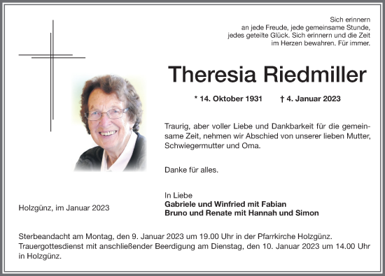 Traueranzeige von Theresia Riedmiller von Memminger Zeitung