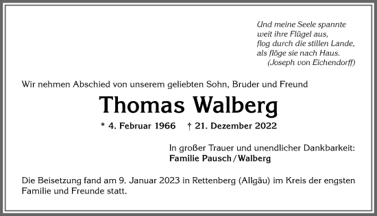 Traueranzeige von Thomas Walberg von Allgäuer Anzeigeblatt