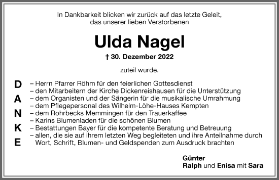Traueranzeige von Ulda Nagel von Memminger Zeitung