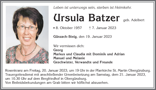 Traueranzeige von Ursula Batzer von Allgäuer Zeitung,Kempten
