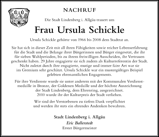 Traueranzeige von Ursula Schickle von Der Westallgäuer