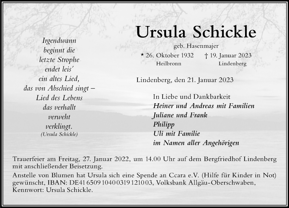  Traueranzeige für Ursula Schickle vom 21.01.2023 aus Der Westallgäuer