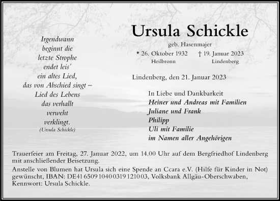 Traueranzeige von Ursula Schickle von Der Westallgäuer