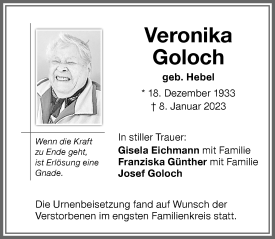 Traueranzeige von Veronika Goloch von Memminger Zeitung